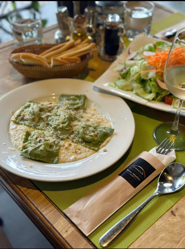 Ravioli and wine at Limoncello